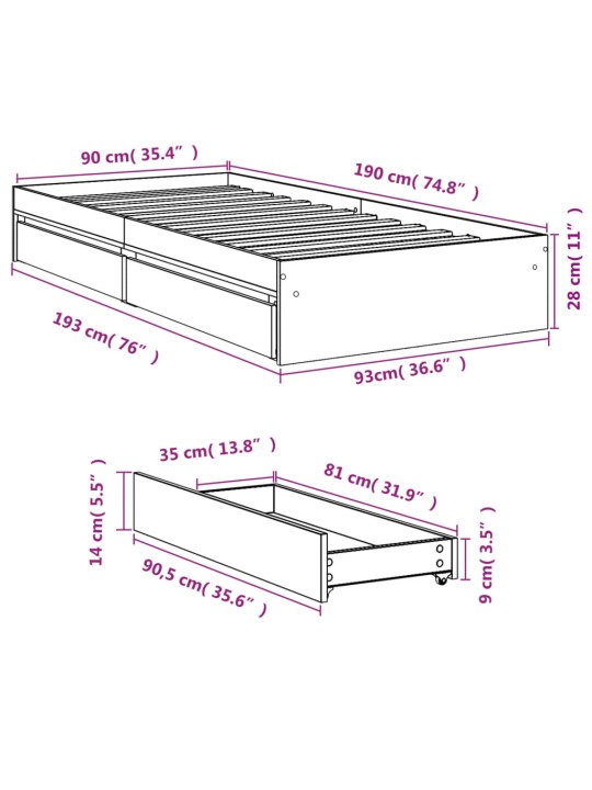 Rám postele se zásuvkami hnědý dub 90 x 190 cm kompozitní dřevo