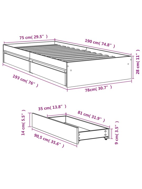 Rám postele se zásuvkami kouřový dub 75x190 cm kompozitní dřevo