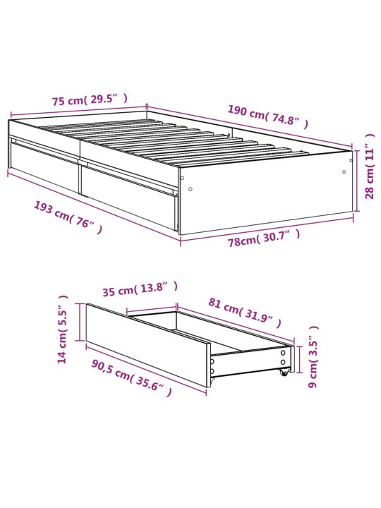 Rám postele se zásuvkami šedý sonoma 75x190 cm kompozitní dřevo