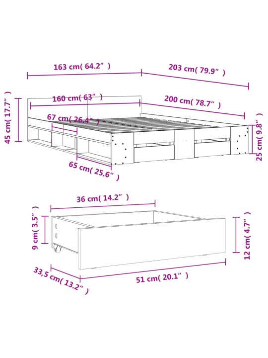 Rám postele se zásuvkami betonově šedý 160 x 200 cm kompozit