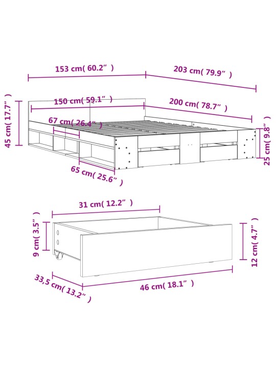 Rám postele se zásuvkami hnědý dub 150x200 cm kompozitní dřevo
