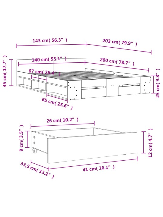 Rám postele se zásuvkami betonově šedý 140 x 200 cm kompozit