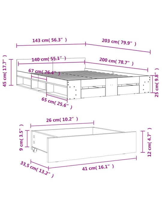 Rám postele se zásuvkami kouřový dub 140 x 200 cm kompozit