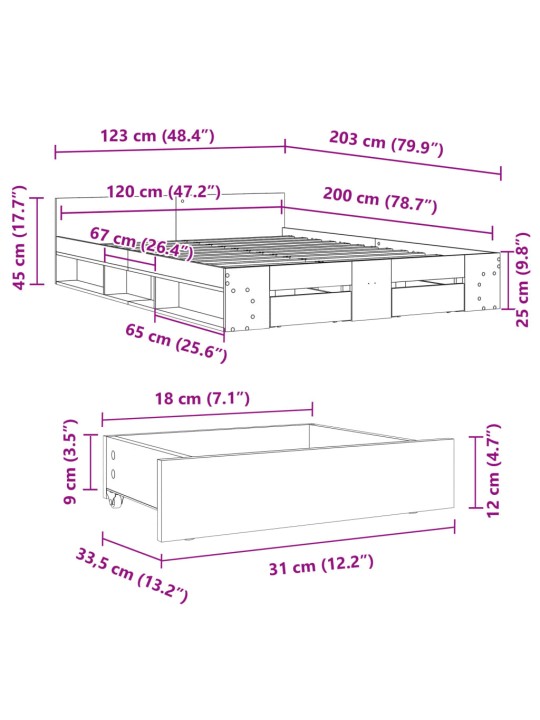 Rám postele se zásuvkami šedý sonoma 120 x 200 cm kompozit