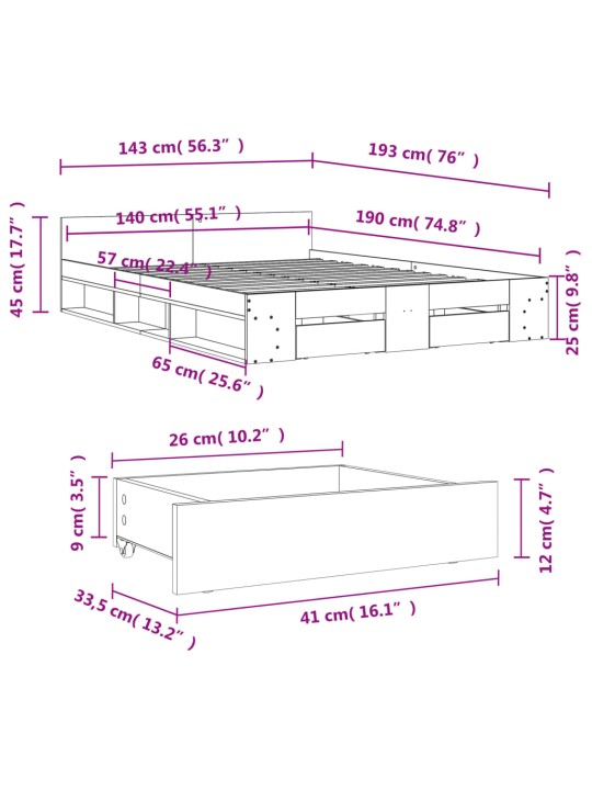 Rám postele se zásuvkami kouřový dub 140 x 190 cm kompozit