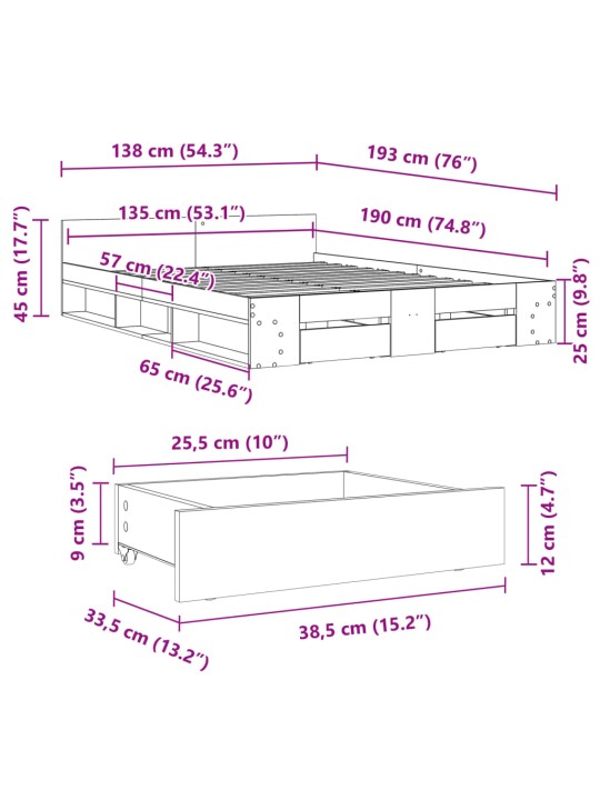 Rám postele se zásuvkami šedý sonoma 135 x 190 cm kompozit