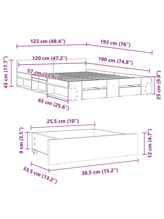 Rám postele se zásuvkami šedý sonoma 120 x 190 cm kompozit
