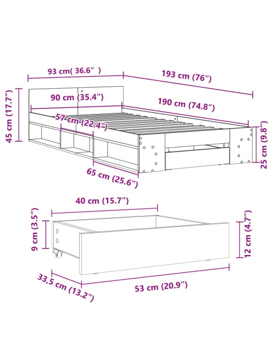 Rám postele se zásuvkou kouřový dub 90x190 cm kompozitní dřevo