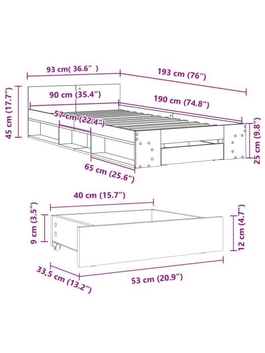 Rám postele se zásuvkou hnědý dub 90 x 190 cm kompozitní dřevo