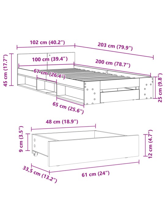 Rám postele se zásuvkou betonově šedý 100 x 200 cm kompozit