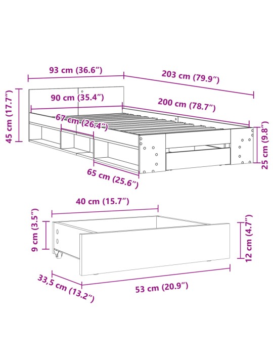 Rám postele se zásuvkou kouřový dub 90x200 cm kompozitní dřevo