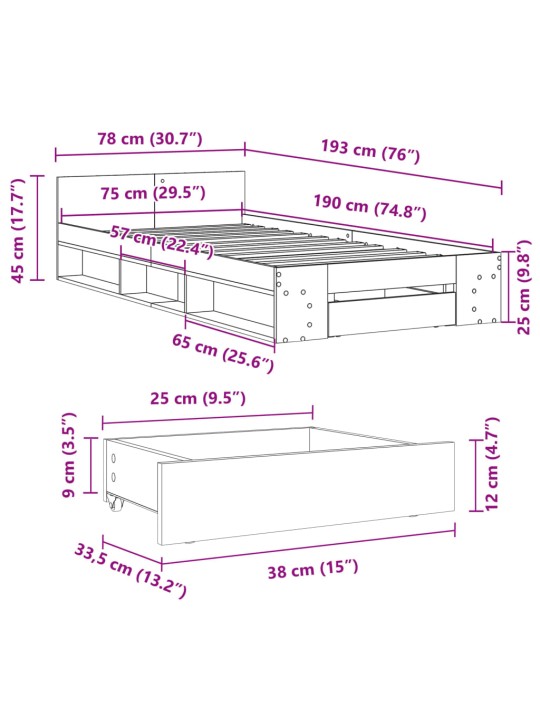 Rám postele se zásuvkou černý 75 x 190 cm kompozitní dřevo