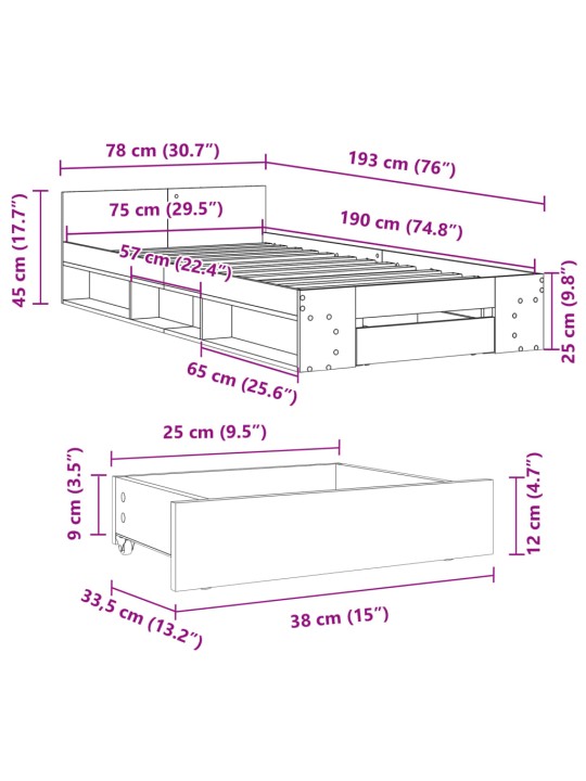 Rám postele se zásuvkou šedý sonoma 75x190 cm kompozitní dřevo