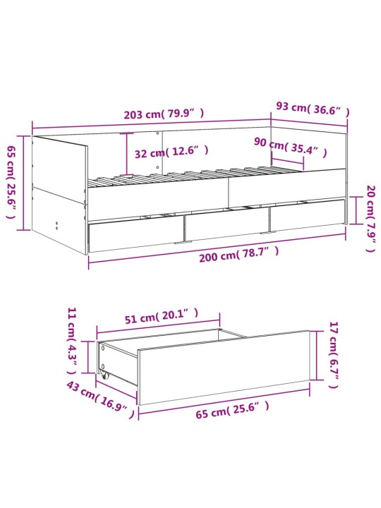 Válenda se zásuvkami bez matrace dub sonoma 90 x 200 cm