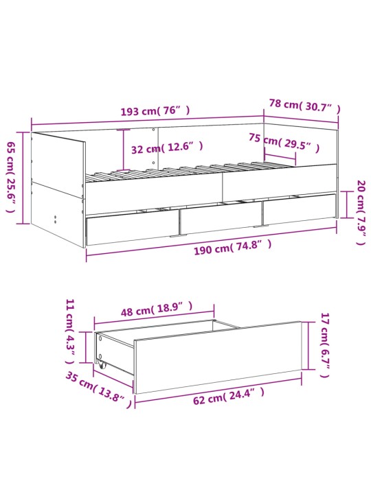 Válenda se zásuvkami bez matrace kouřový dub 75 x 190 cm