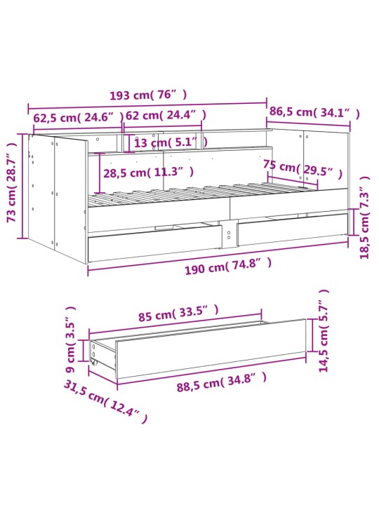 Válenda se zásuvkami bez matrace dub sonoma 75 x 190 cm