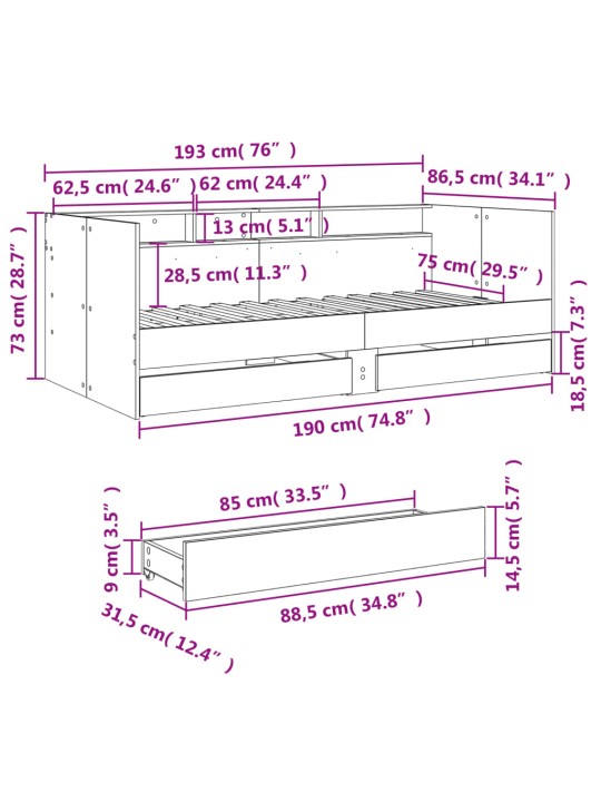 Válenda se zásuvkami bez matrace betonově šedá 75 x 190 cm