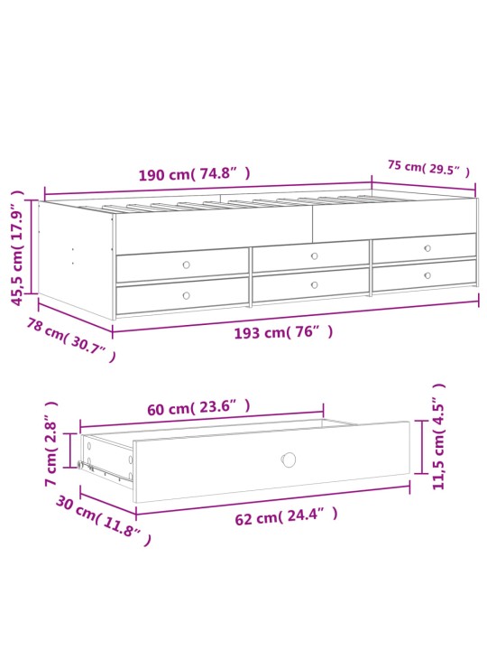 Válenda se zásuvkami bez matrace dub sonoma 75 x 190 cm