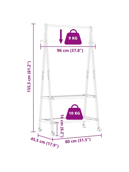 Stojan na oblečení s policemi a kolečky 96x45,5x155,5 cm bambus
