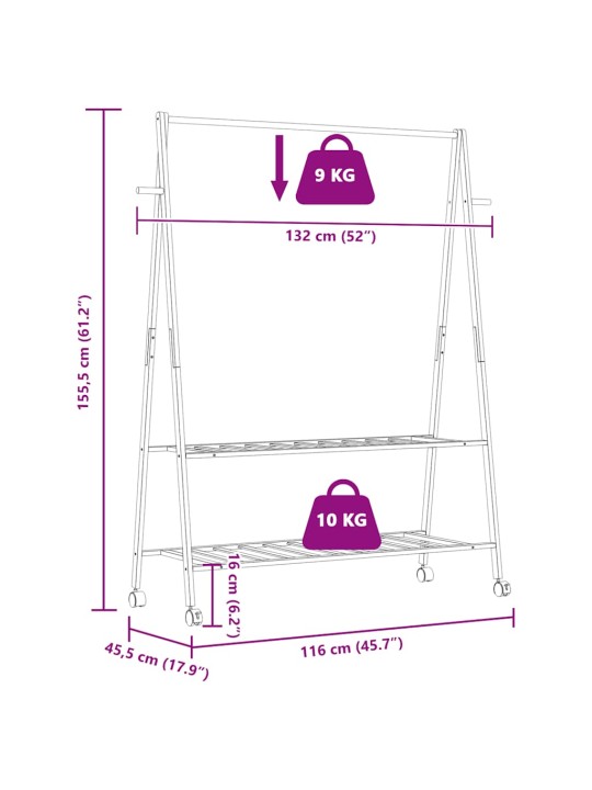 Stojan na oblečení s policemi a kolečky 132x45,5x155,5cm bambus