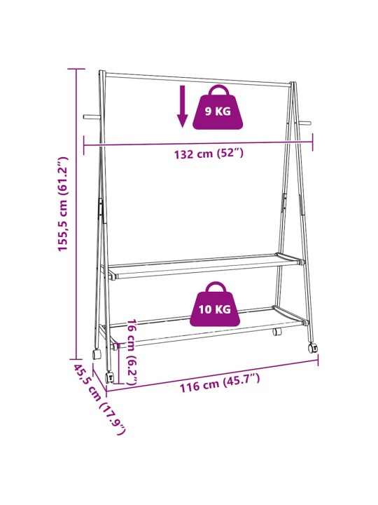 Stojan na oblečení s policemi a kolečky 132x45,5x155,5cm bambus