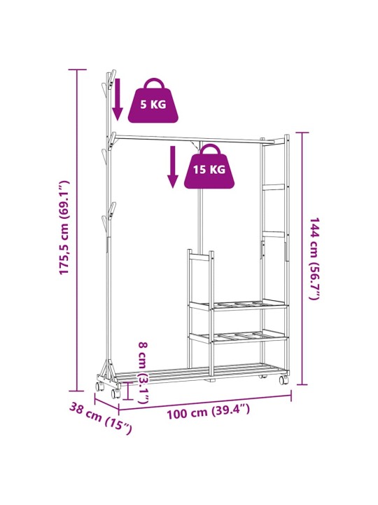 Stojan na oblečení s policemi a kolečky 100x38x175,5 cm bambus