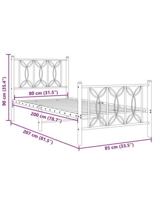 Kovový rám postele s hlavovým a nožním čelem černý 80 x 200 cm