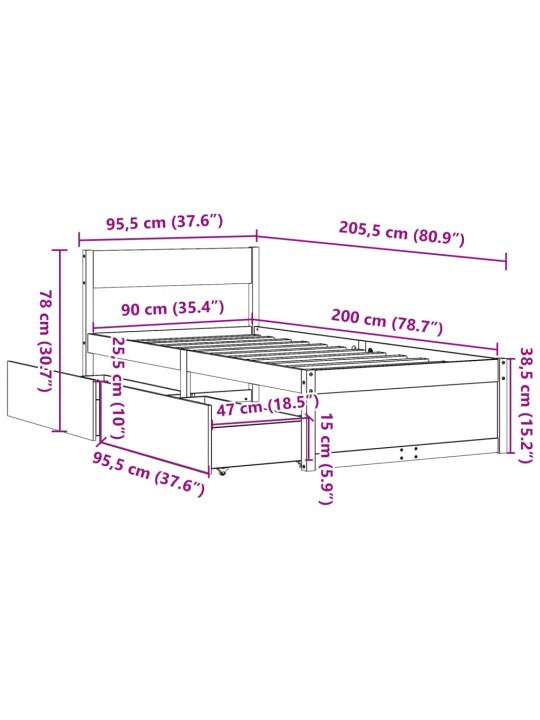 Postel bez matrace voskově hnědá 90 x 200 cm masivní borovice