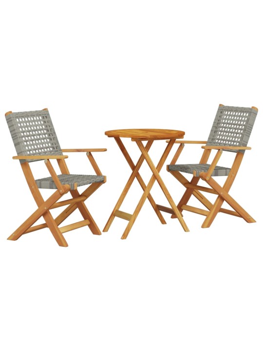 3dílný bistro set šedý polyratan a masivní dřevo