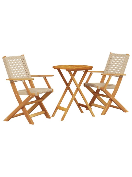 3dílný bistro set béžový polyratan a masivní dřevo