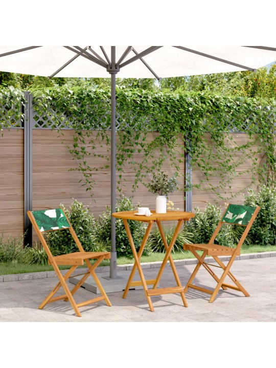 3dílný bistro set vzor listů textil a masivní dřevo