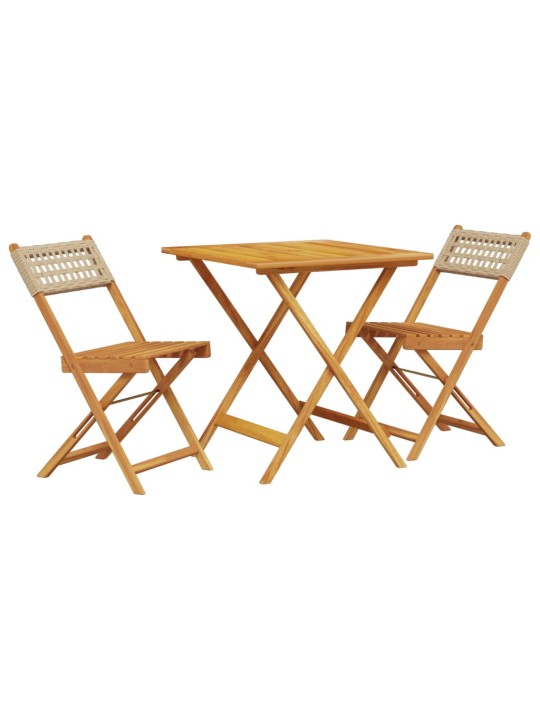 3dílný bistro set béžový polyratan a masivní dřevo