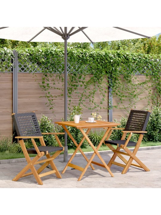 3dílný bistro set černý polyratan a masivní dřevo