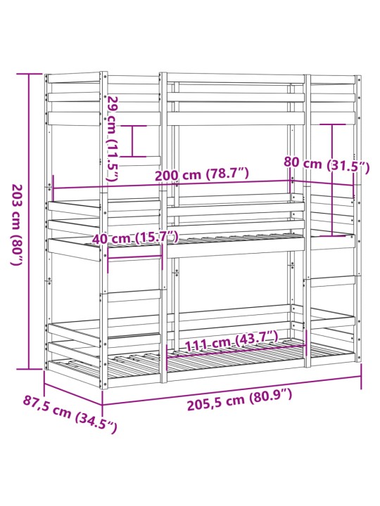 Třípatrová postel bílá 80 x 200 cm masivní borové dřevo