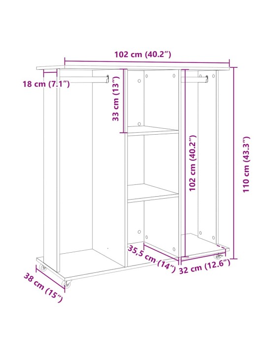 Šatní skříň na kolečkách kouřový dub 102 x 38 x 110 cm kompozit