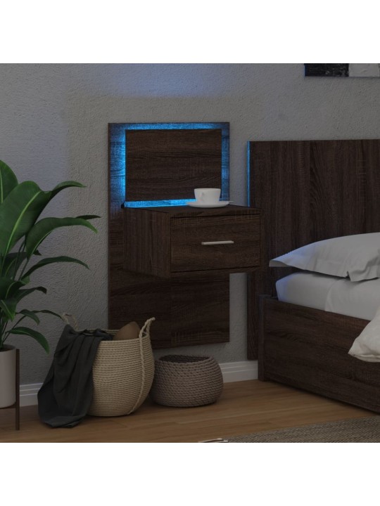 Nástěnný noční stolek s led osvětlením hnědý dub