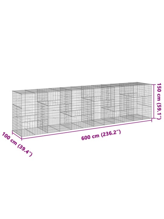 Gabionový koš s víkem 600 x 100 x 150 cm pozinkované železo