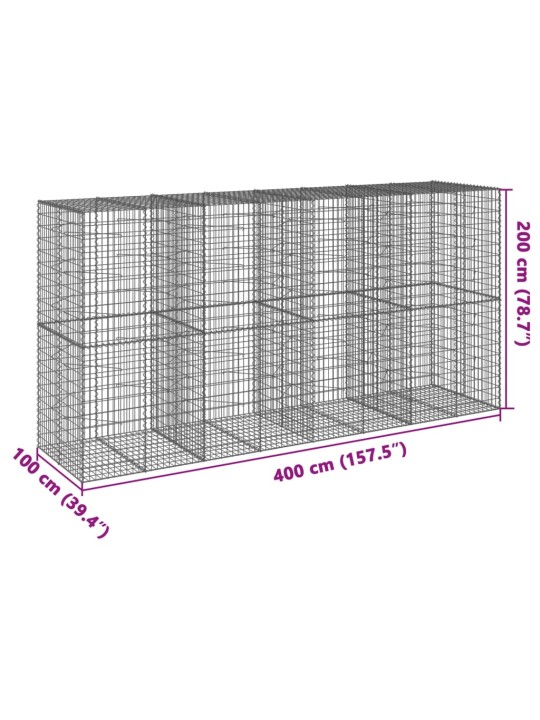 Gabionový koš s víkem 400 x 100 x 200 cm pozinkované železo
