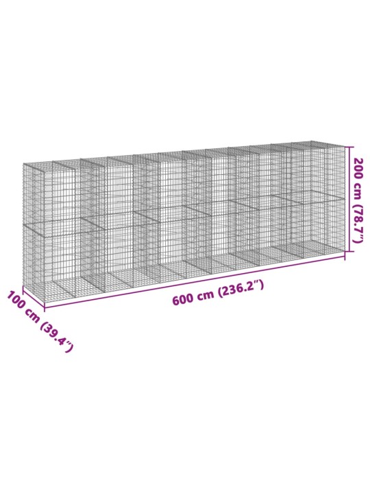 Gabionový koš s víkem 600 x 100 x 200 cm pozinkované železo