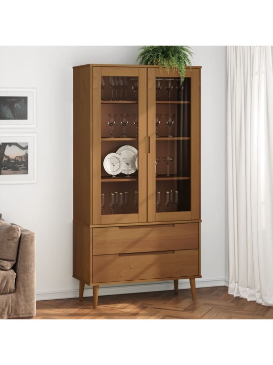 Vitrína MOLDE hnědá 90 x 35 x 175 cm masivní borové dřevo