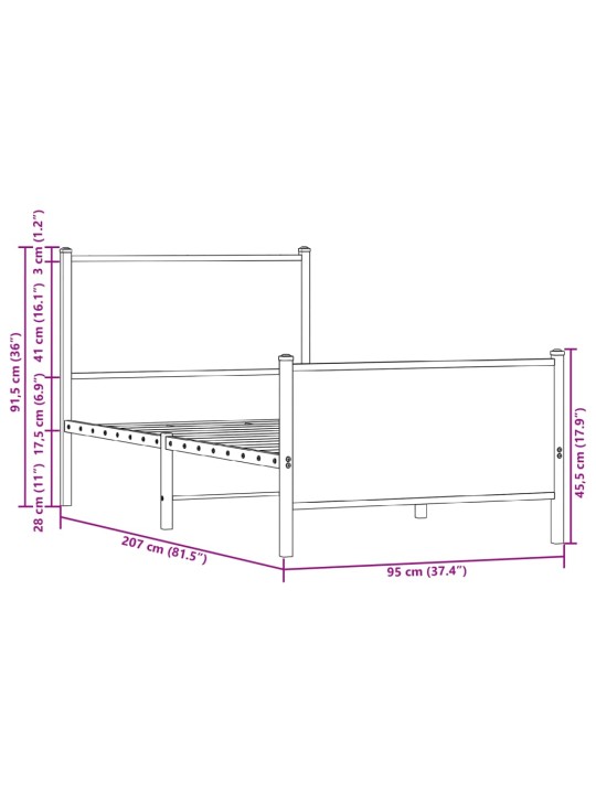 Kovový rám postele bez matrace hnědý dub 90 x 200 cm