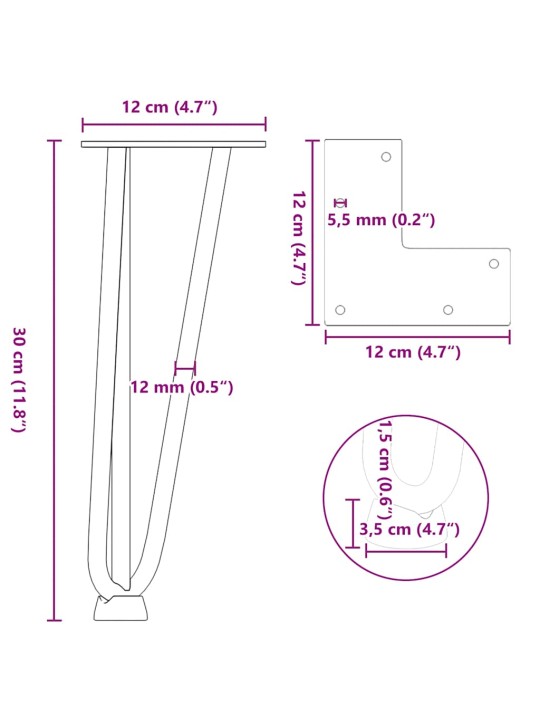 Nohy na konferenční stolek ve tvaru vlásenky 4 ks, přírodní ocel, 30 cm, masivní ocel