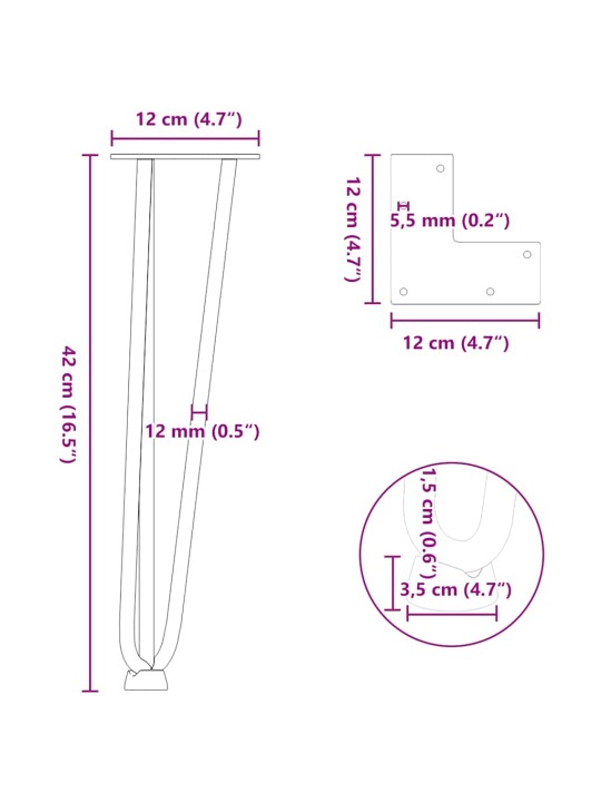 Nohy na konferenční stolek ve tvaru vlásenky 4 ks, přírodní ocel, 42 cm, masivní ocel
