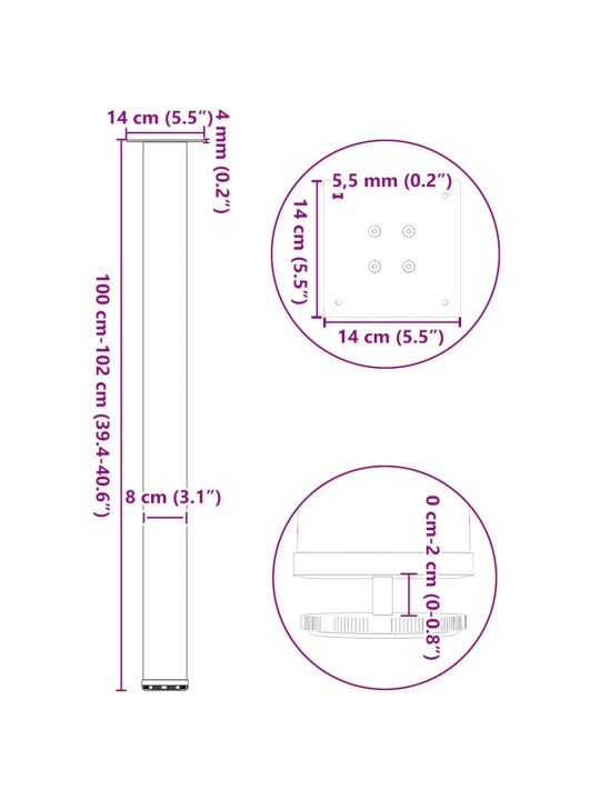 Nohy barového stolu 4 ks přírodní ocel 100–102 cm ocel