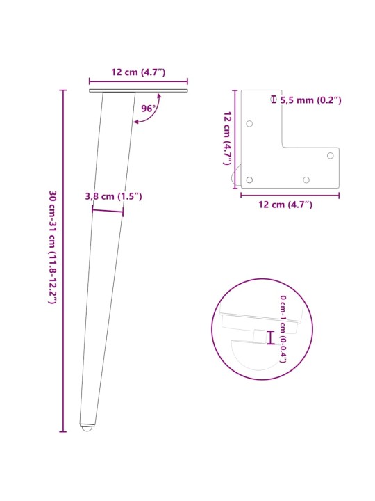 Nohy konferenčního stolku kuželového tvaru 4 ks antracitové 30-31 cm ocelové
