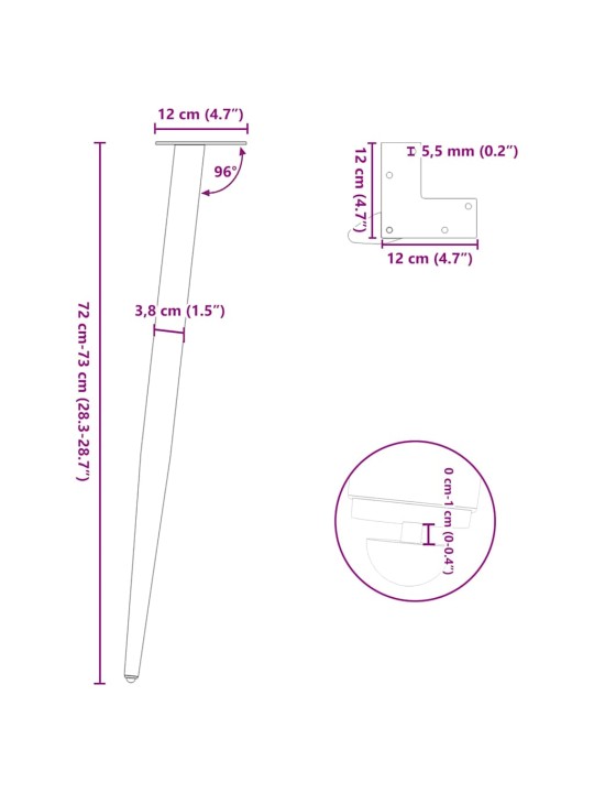 Nohy konzolového stolku kuželového tvaru 4 ks antracitové 72-73 cm ocelové