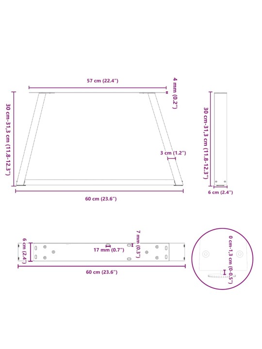 Nohy konferenčního stolku ve tvaru v 2 ks antracitové 60 x (30-31,3) cm ocelové