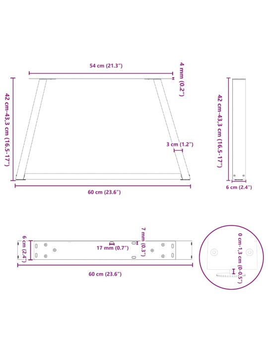 Nohy konferenčního stolku ve tvaru v 2 ks antracitové 60 x (42-43,3) cm ocelové