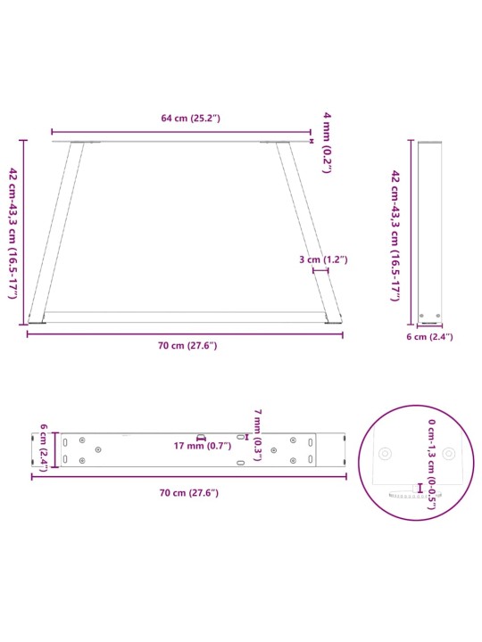 Nohy konferenčního stolku ve tvaru v 2 ks antracitové 70 x (42-43,3) cm ocelové