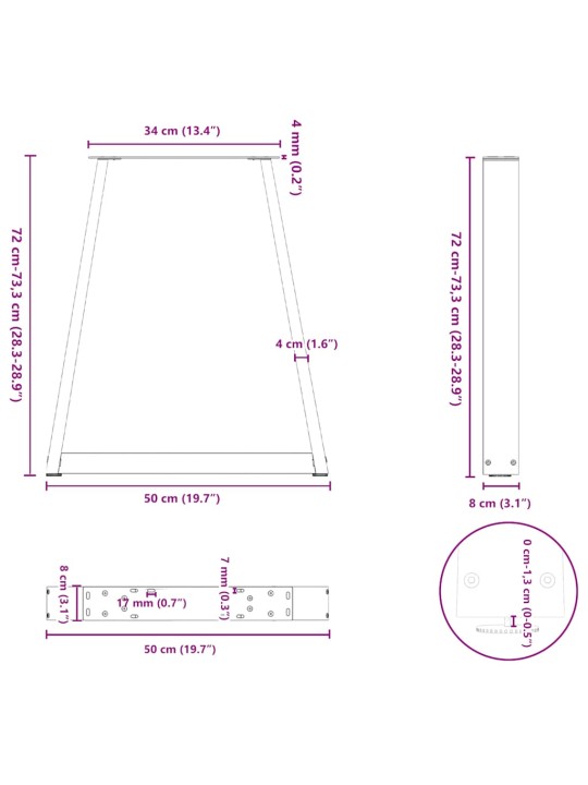 Nohy k jídelnímu stolu ve tvaru v, 2 ks, antracitové, 50 x (72-73) cm, ocel